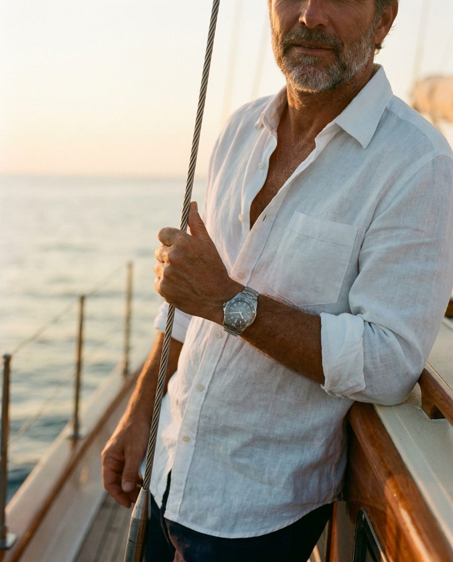 Man on a yacht wearing a dive watch — ChronoSeasons Dive Watches