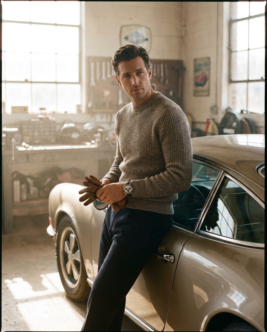 Man with a classic car wearing a chronograph — ChronoSeasons Chronograph Watches