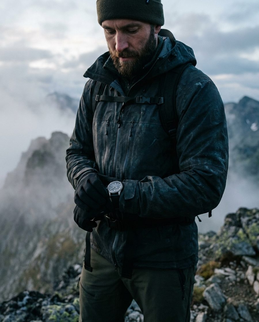 Man in the mountains wearing a titanium watch — ChronoSeasons Titanium Watches