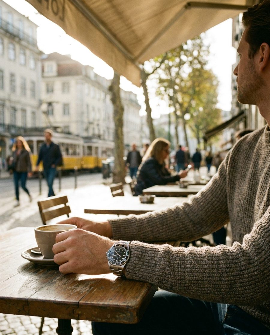 Man in a city café wearing an everyday watch — ChronoSeasons Everyday Watches
