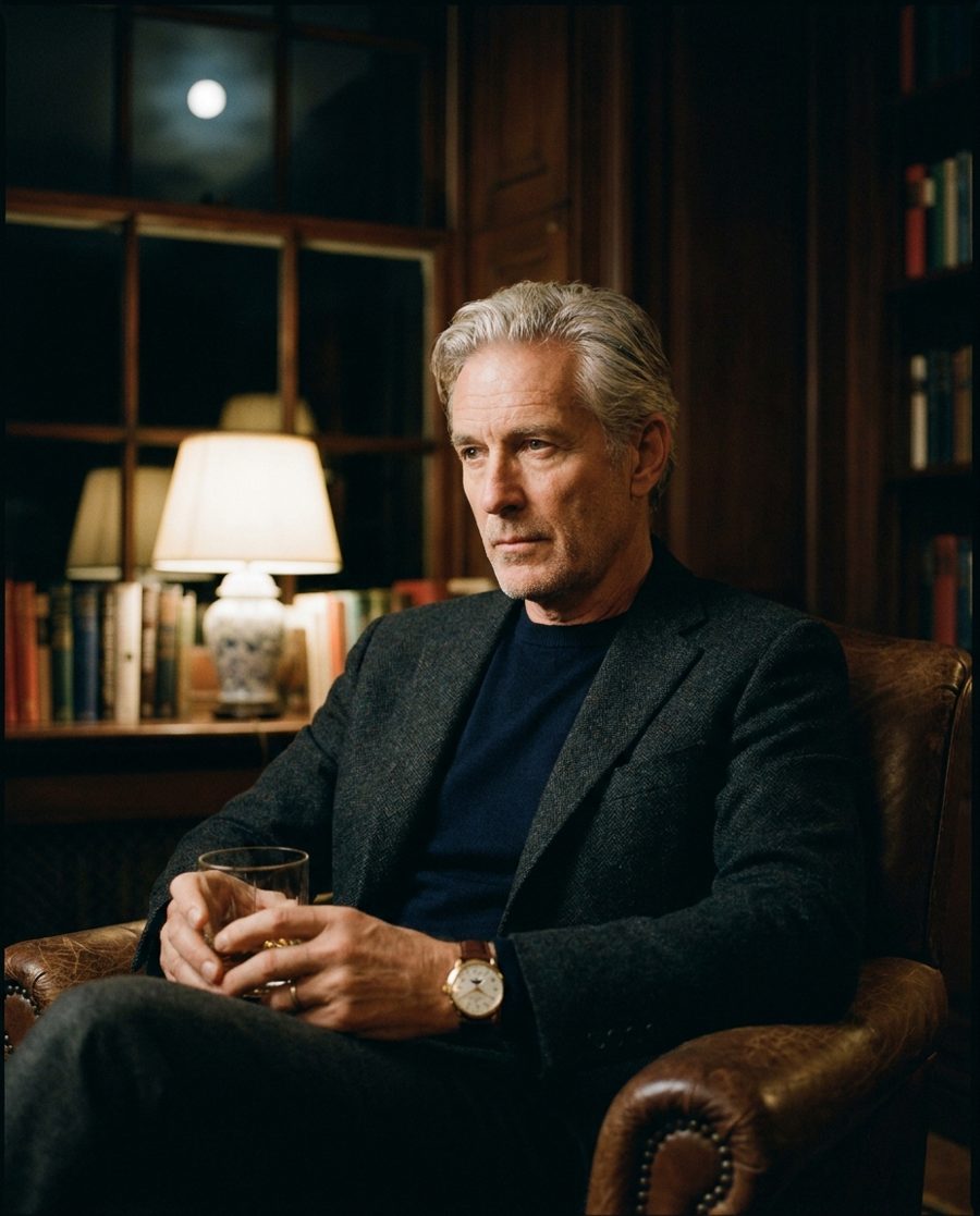Man in a library wearing a moonphase watch — ChronoSeasons Moonphase Watches