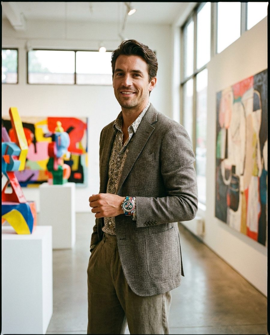 Man in an art gallery wearing a colourful chronograph — ChronoSeasons Limited Edition Watches