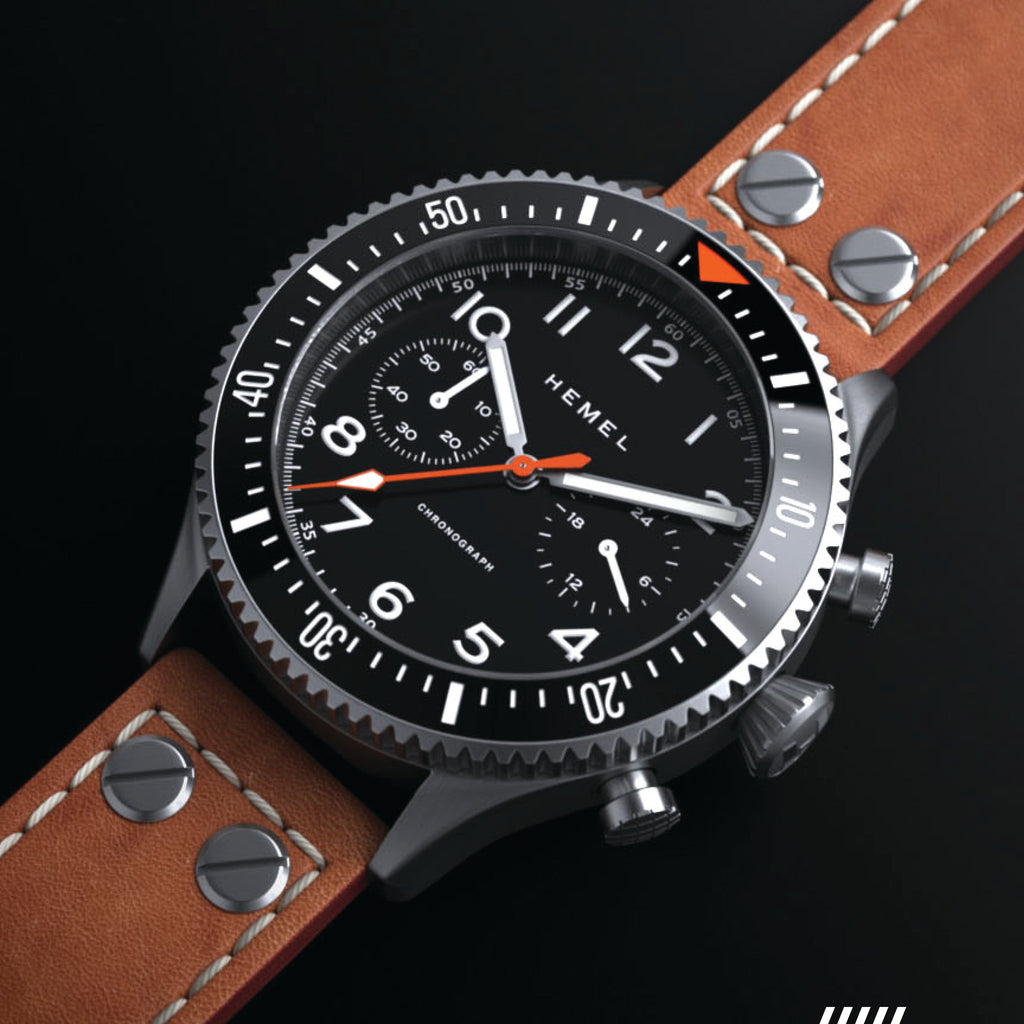 Hemel HFT20 Pilot Chronograph — 42mm Mecaquartz, Black Dial