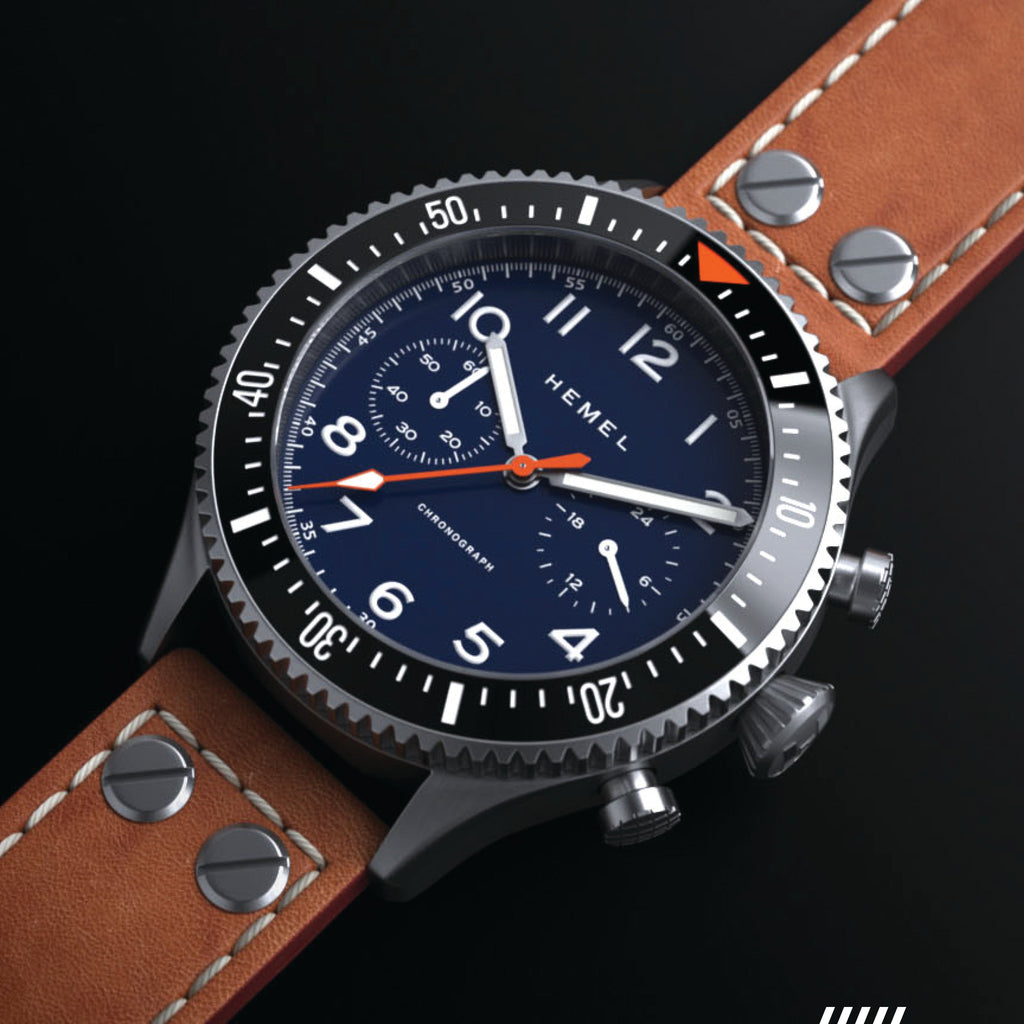 Hemel HFT20 Pilot Chronograph — 42mm Mecaquartz, Navy Dial
