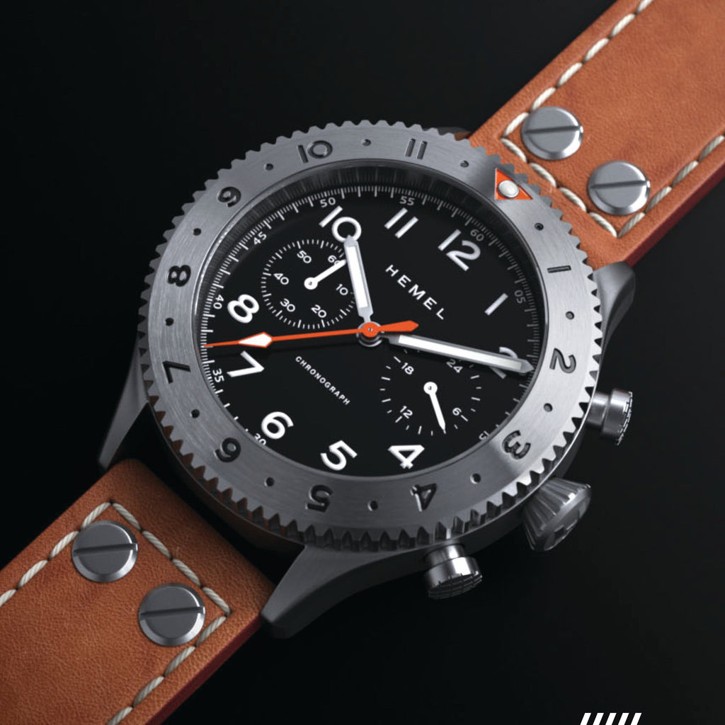Hemel HFT20 Pilot Chronograph — 42mm Mecaquartz, Black Dial